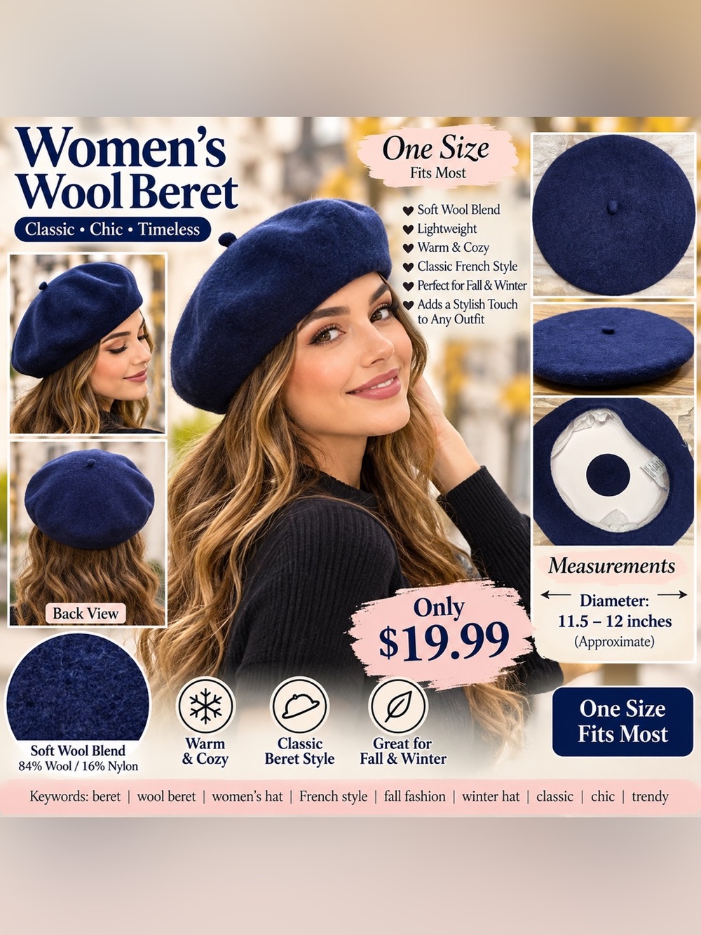 No Boundaries Navy Blue Wool Beret